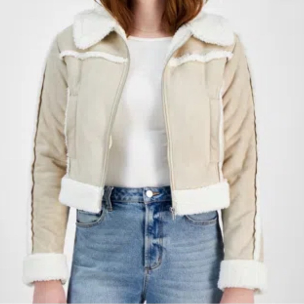 Abercrombie & Fitch Cropped Vegan Suede Sherpa Lined Jacket Beige Womens M